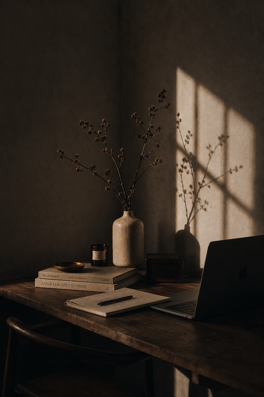 A warmly lit desk with a ceramic vase, notebook, and laptop.
