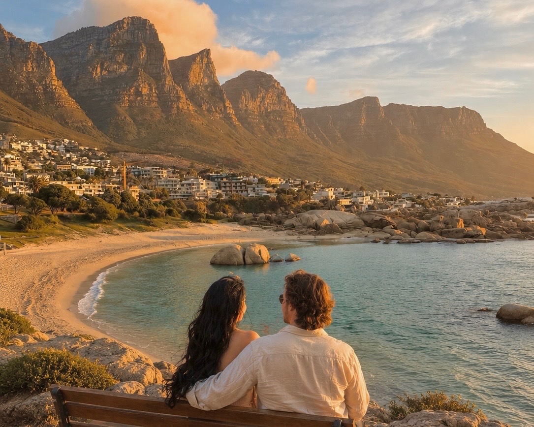 Kate and Paul sitting together overlooking the coast at sunset.